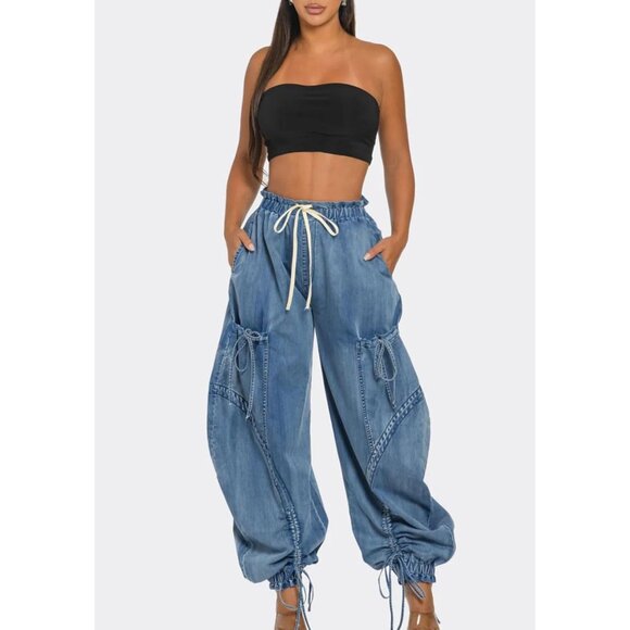 Women Baggy High Waisted Denim Jeans Wide Leg Drawstring Casual Pants - Picture 5 of 6